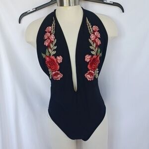 Discovery Black Floral Applique Halter Bodysuit, L